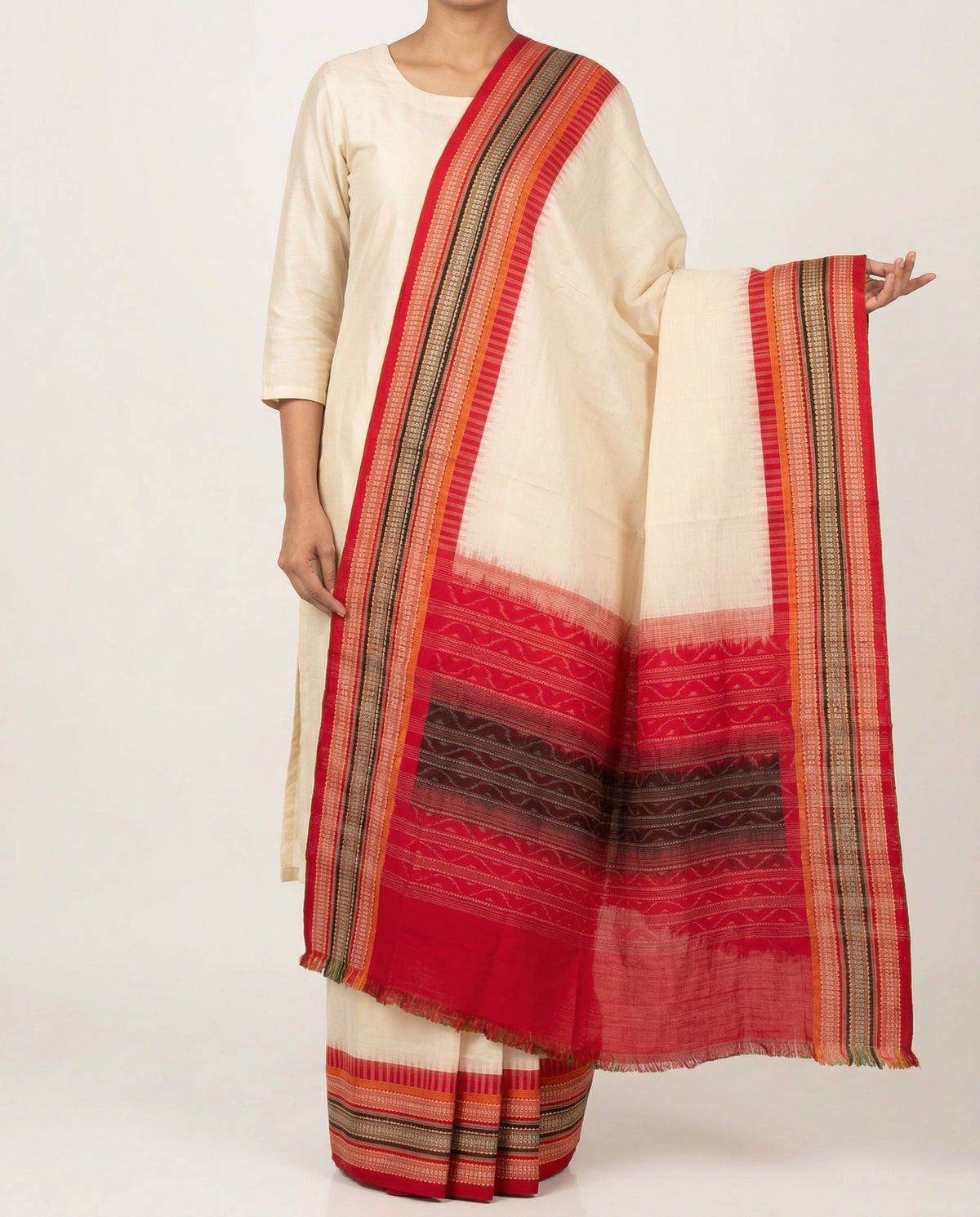 Ivory & Crimson Red Geometric Sambalpuri Single Ikat Cotton Dupatta