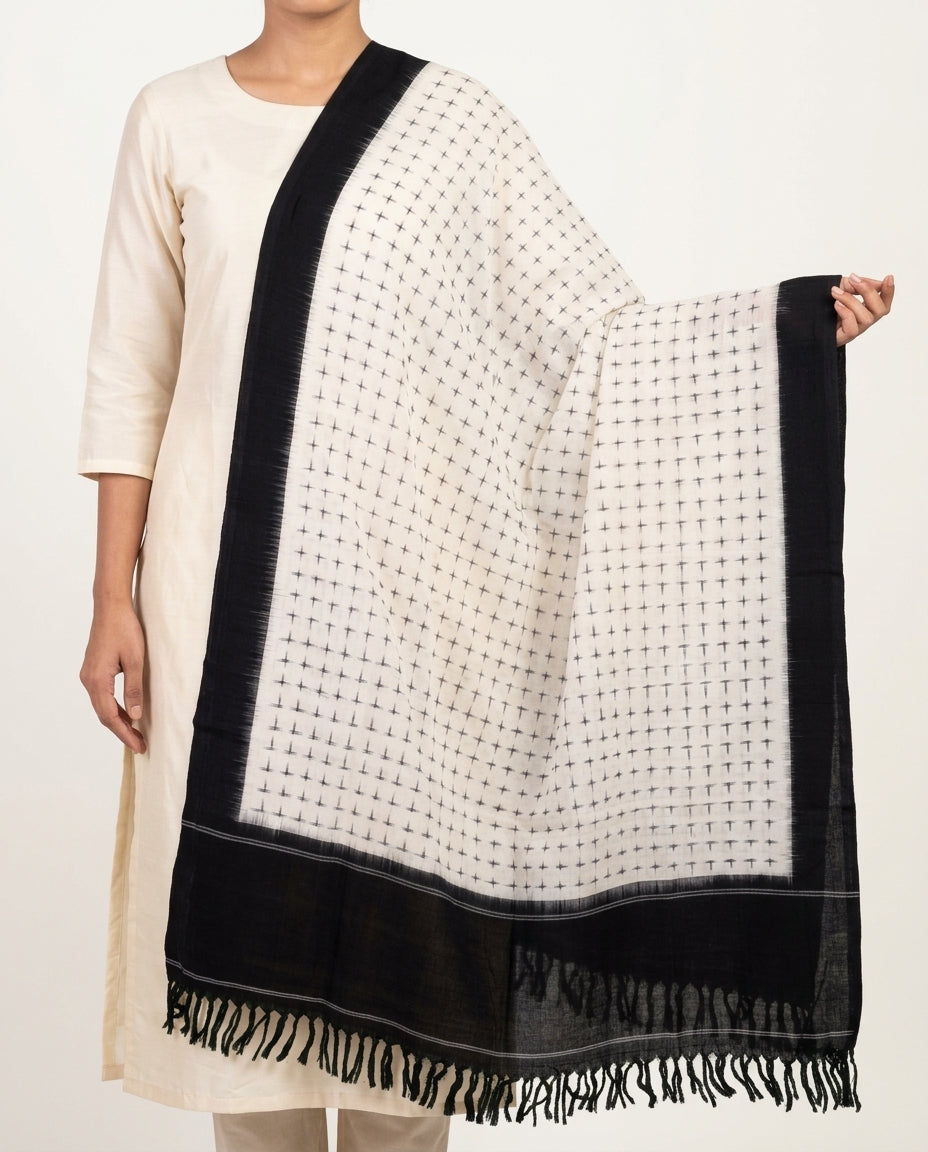 Ivory White & Jet Black Geometric Cross Sambalpuri Single Ikat Cotton Dupatta