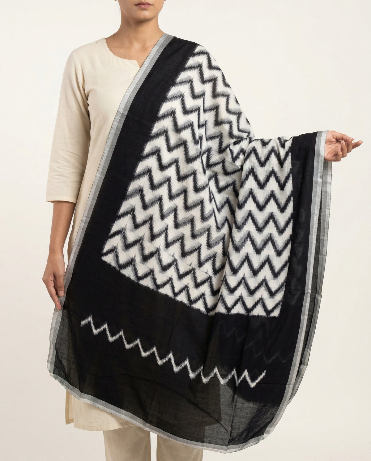 Ethnica Black & White Ikat Zig-Zag Handloom Dupatta