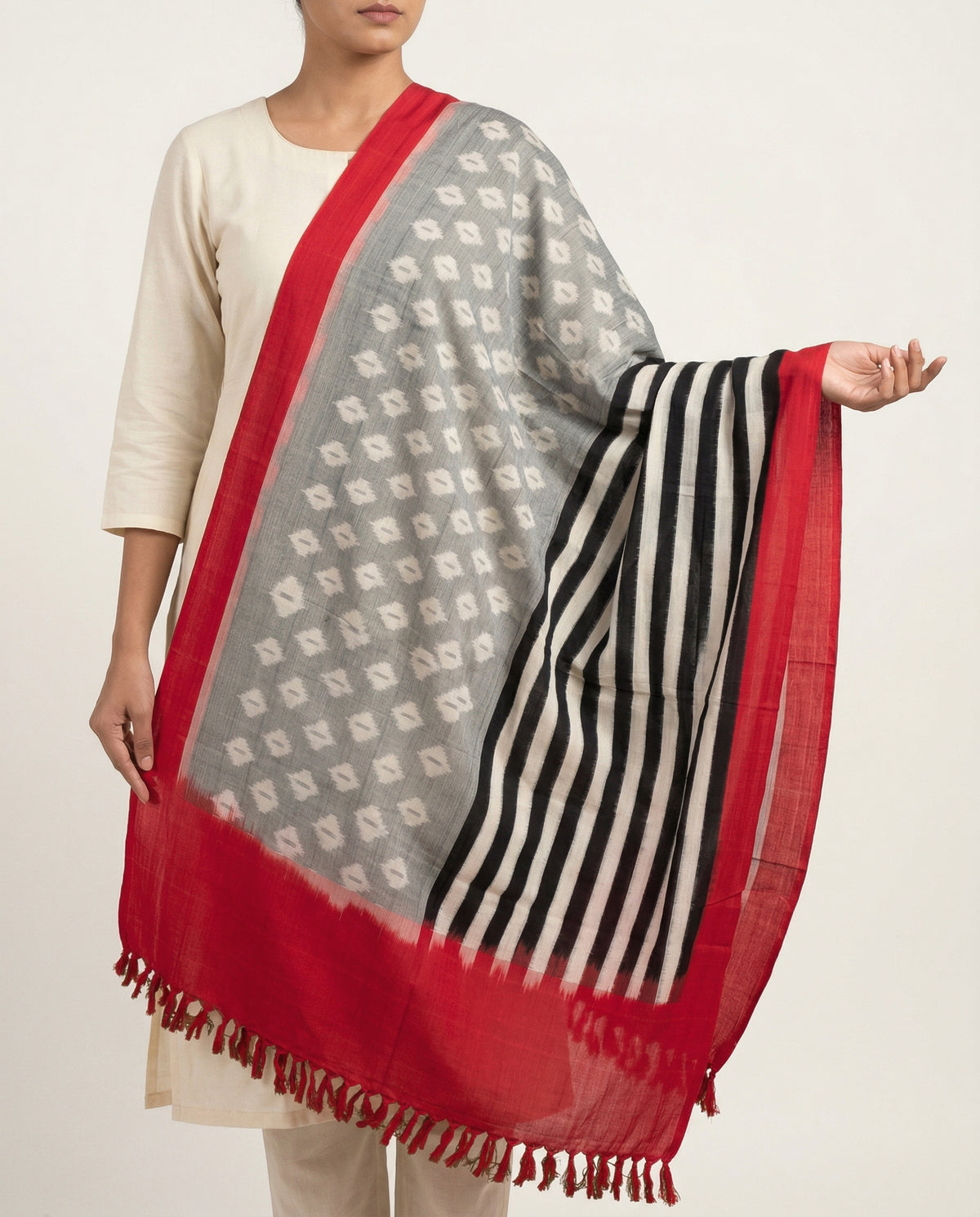 Crimson Red & Steel Grey Geometric Pochampally Single Ikat Cotton Dupatta