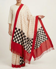 Crimson Red & Jet Black Checkerboard Bichitrapuri Double Ikat Cotton Dupatta