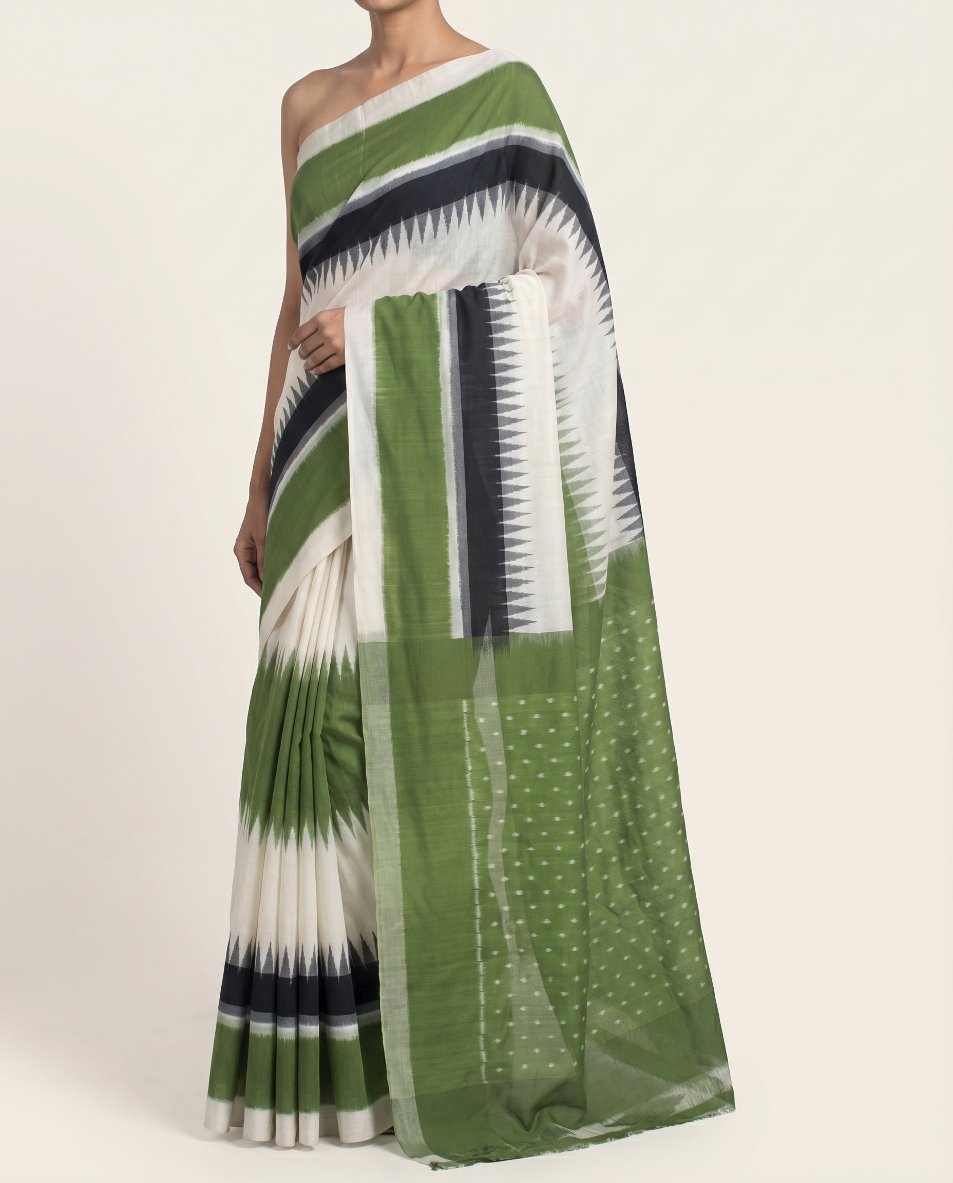 Moss Green & Charcoal Black Temple Sambalpuri Single Ikat Cotton Saree