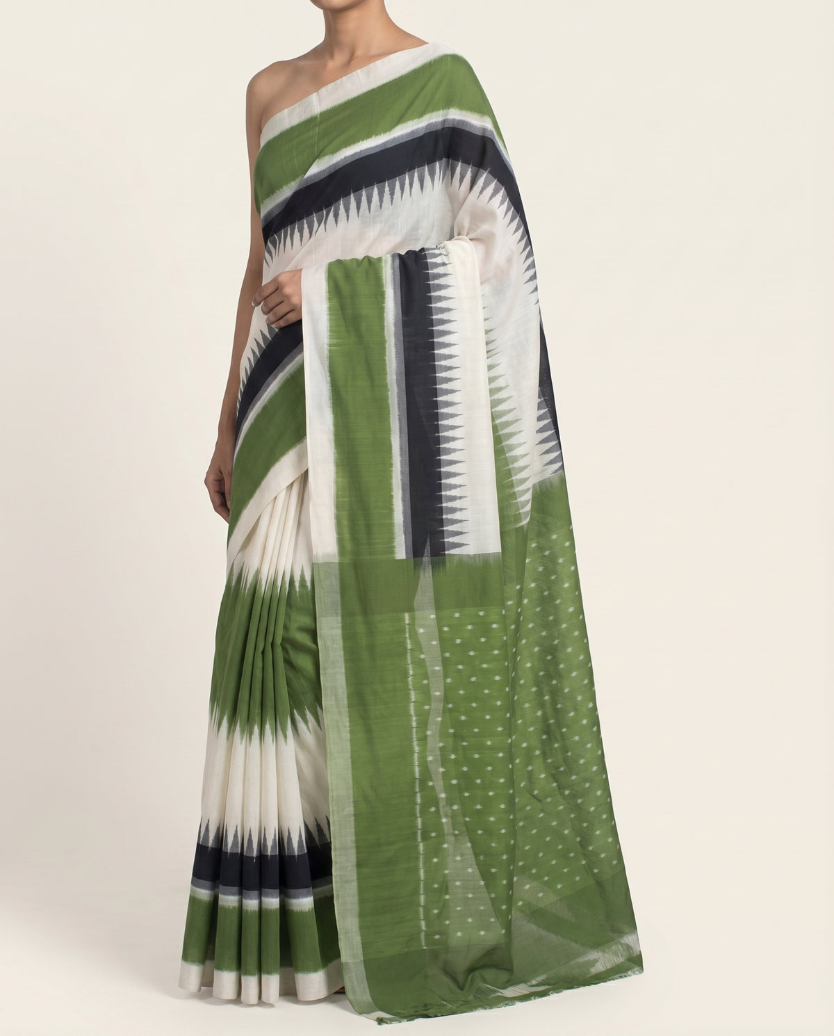 Moss Green & Charcoal Black Temple Sambalpuri Single Ikat Cotton Saree