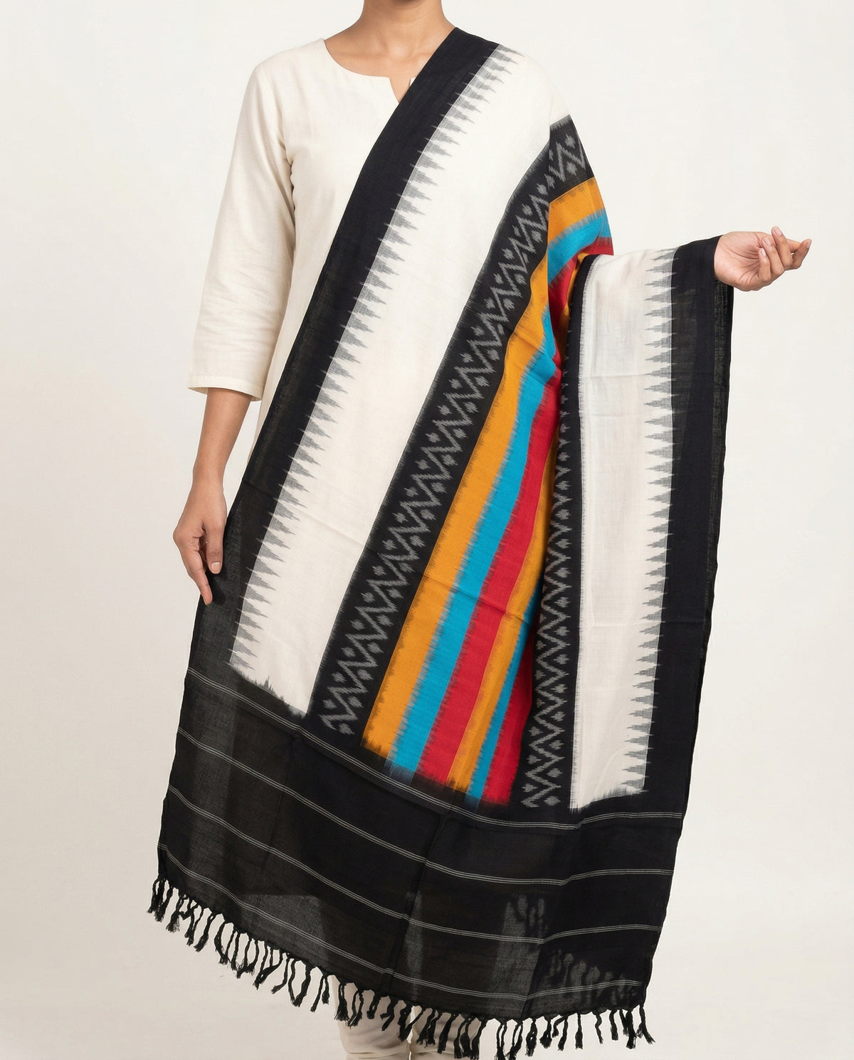 Jet Black & Pearl White Geometric Sambalpuri Single Ikat Cotton Dupatta