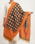 Jet Black & Tangerine Orange Geometric Pasapalli Sambalpuri Double Ikat Cotton Dupatta