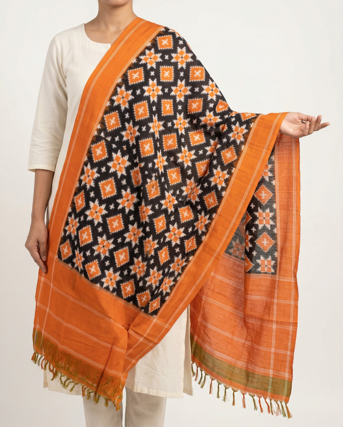 Jet Black & Tangerine Orange Geometric Pasapalli Sambalpuri Double Ikat Cotton Dupatta