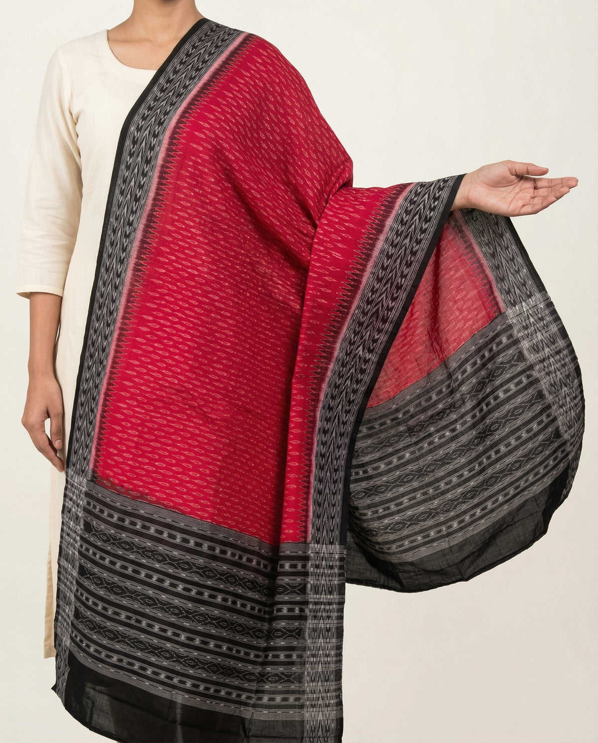 Magenta Pink & Raven Black Traditional Geometric Sambalpuri Double Ikat Cotton Dupatta
