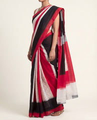 Crimson Red & Jet Black Geometric Grid Telia Rumal Double Ikat Cotton Saree