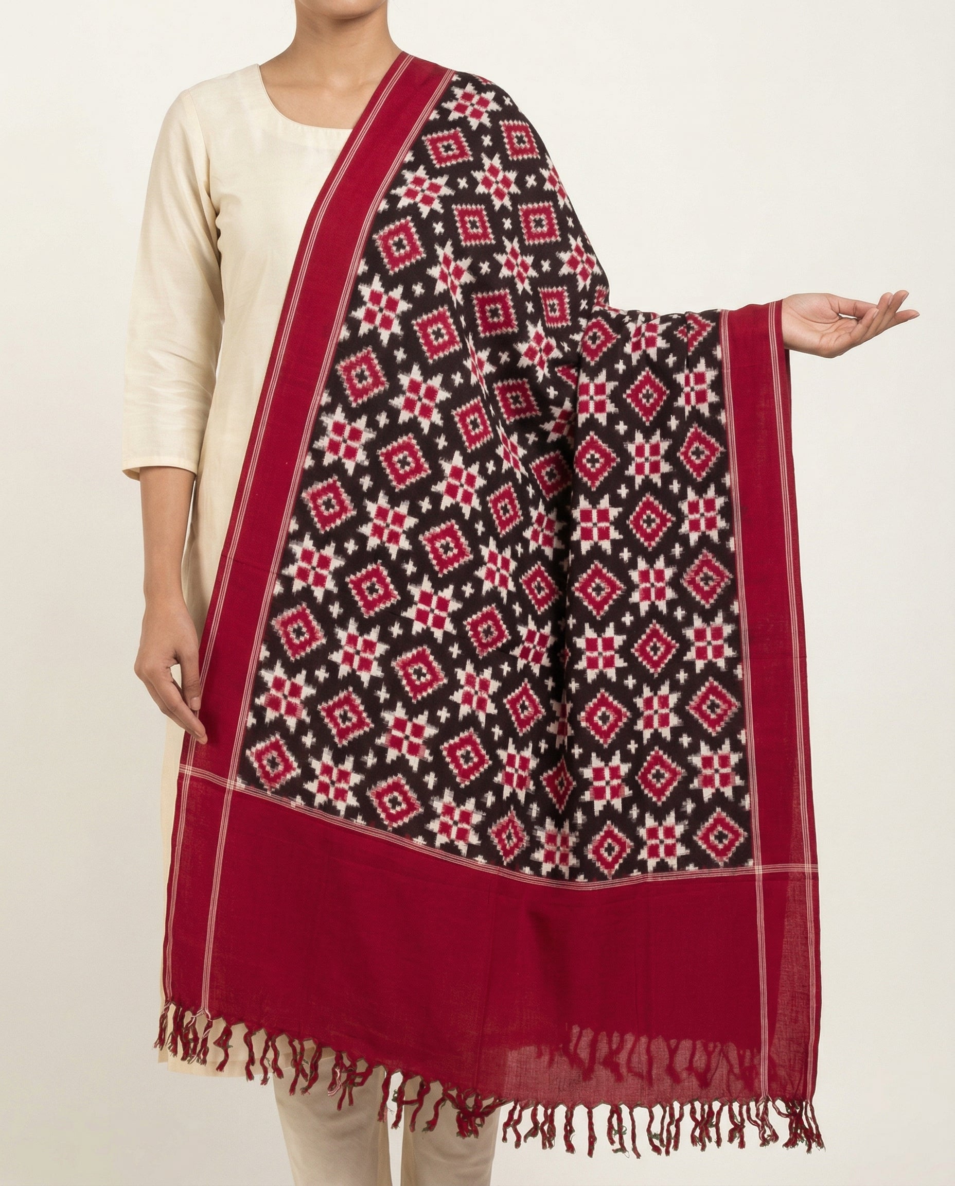 Crimson Red & Charcoal Black Geometric Telia Rumal Double Ikat Cotton Dupatta
