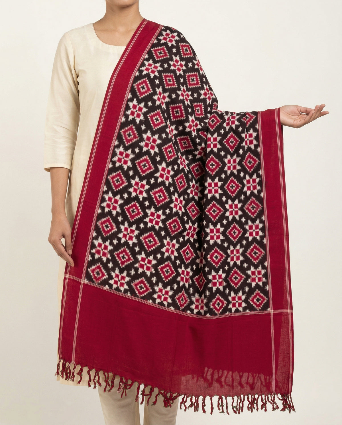 Crimson Red & Charcoal Black Geometric Telia Rumal Double Ikat Cotton Dupatta