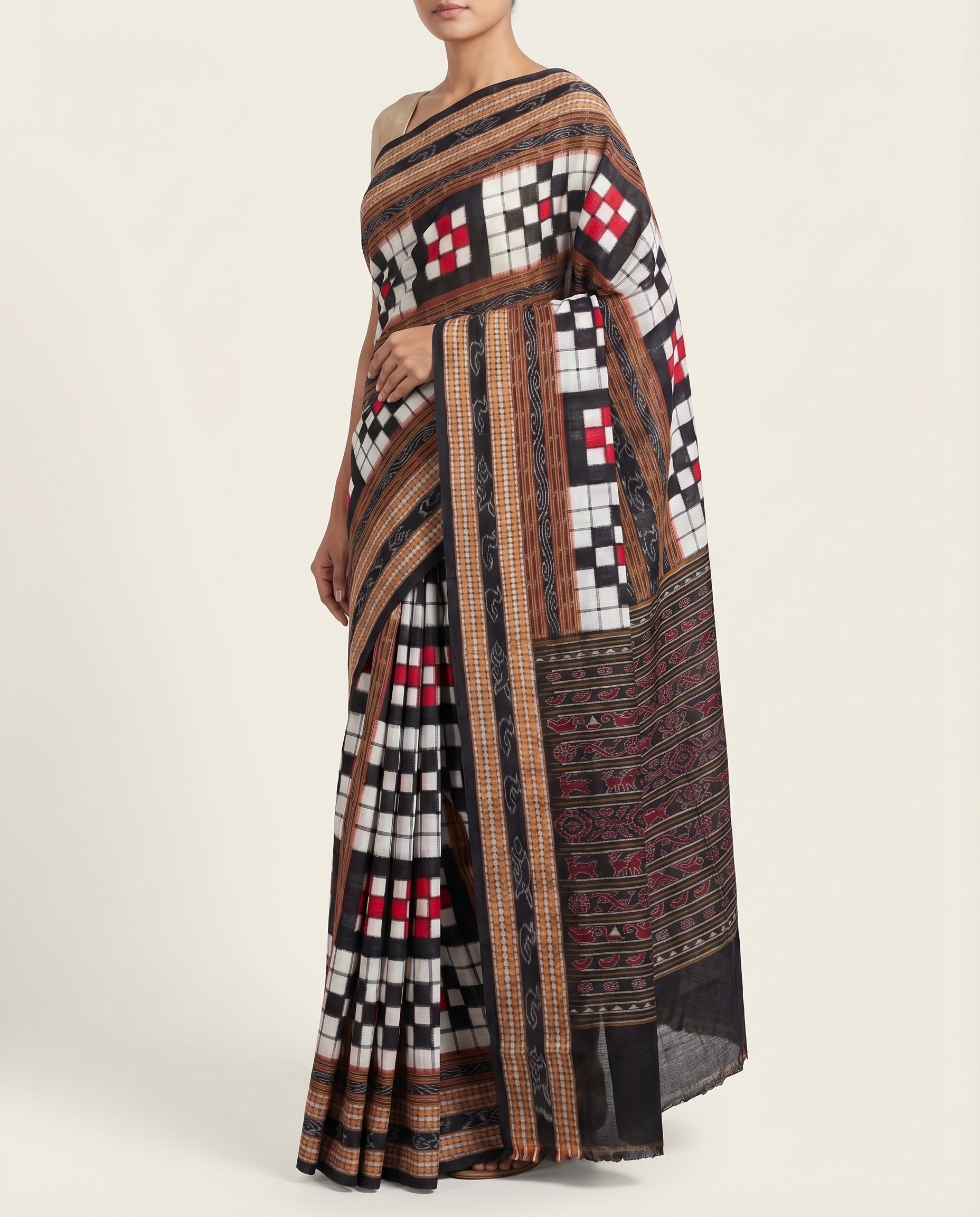 Jet Black & Crimson Red Geometric Checkerboard Bichitrapuri Double Ikat Cotton Saree