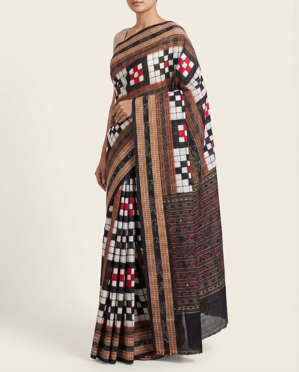 Jet Black & Crimson Red Geometric Checkerboard Bichitrapuri Double Ikat Cotton Saree