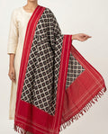 Crimson Red & Coal Black Geometric Grid Telia Rumal Double Ikat Cotton Dupatta