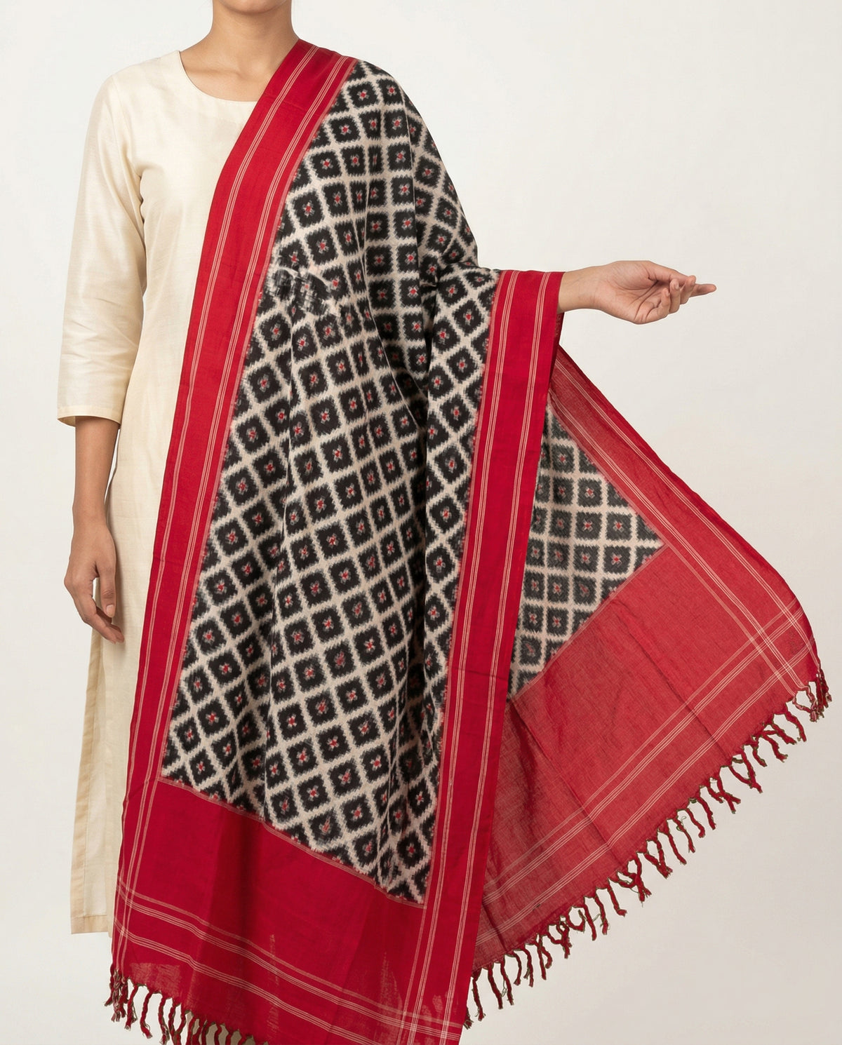 Crimson Red & Coal Black Geometric Grid Telia Rumal Double Ikat Cotton Dupatta