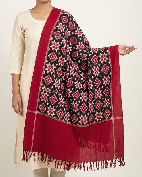 Crimson Red & Charcoal Black Geometric Telia Rumal Double Ikat Cotton Dupatta
