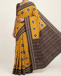 Mustard Yellow & Charcoal Black Grid Motif Sambalpuri Double Ikat Cotton Saree