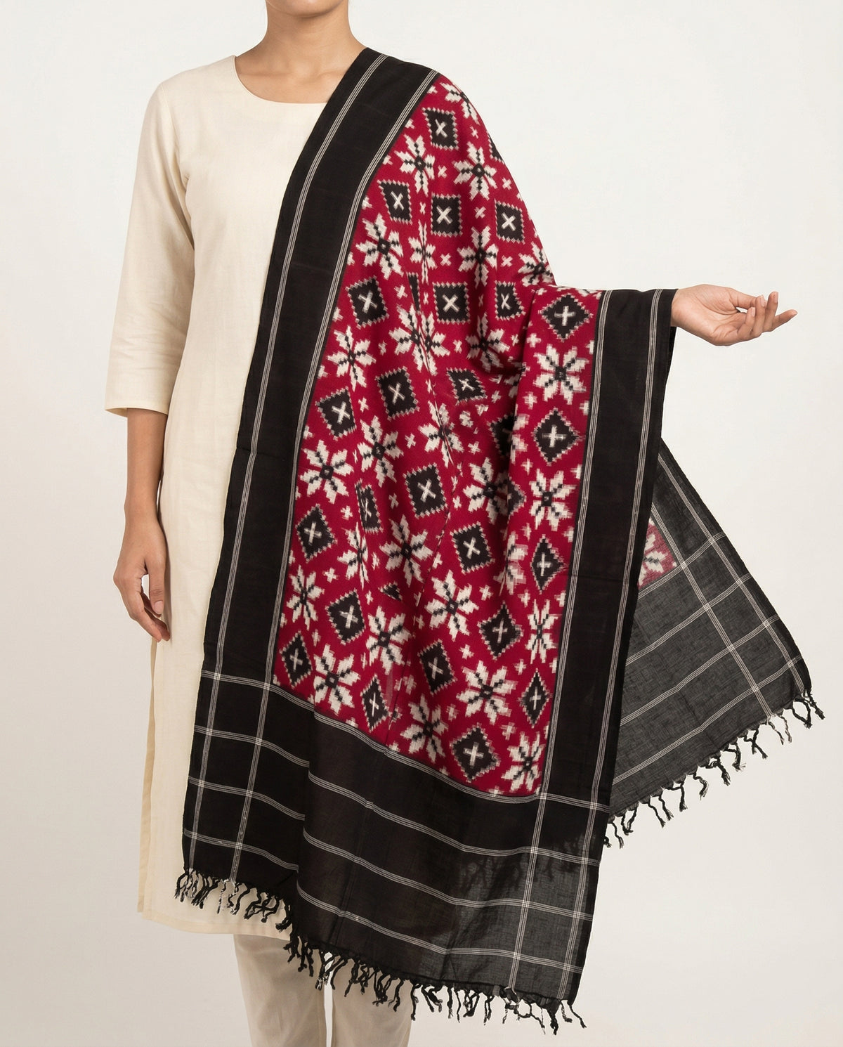 Maroon & Jet Black Floral Geometric Telia Rumal Double Ikat Cotton Dupatta