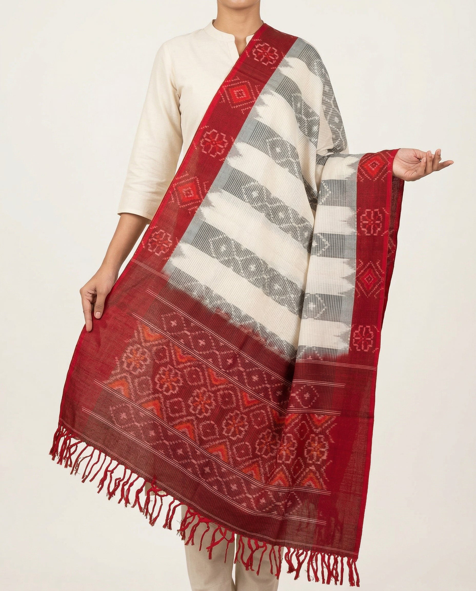 Off White & Maroon Red Geometric Floral Sambalpuri Single Ikat Cotton Dupatta