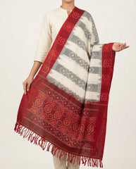 Off White & Maroon Red Geometric Floral Sambalpuri Single Ikat Cotton Dupatta