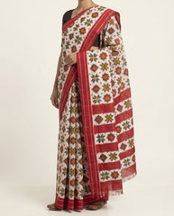 Off White & Crimson Red Floral Grid Telia Rumal Double Ikat Cotton Saree