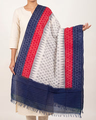 Navy Blue & Crimson Red Geometric Diamond Pochampally Single Ikat Cotton Dupatta