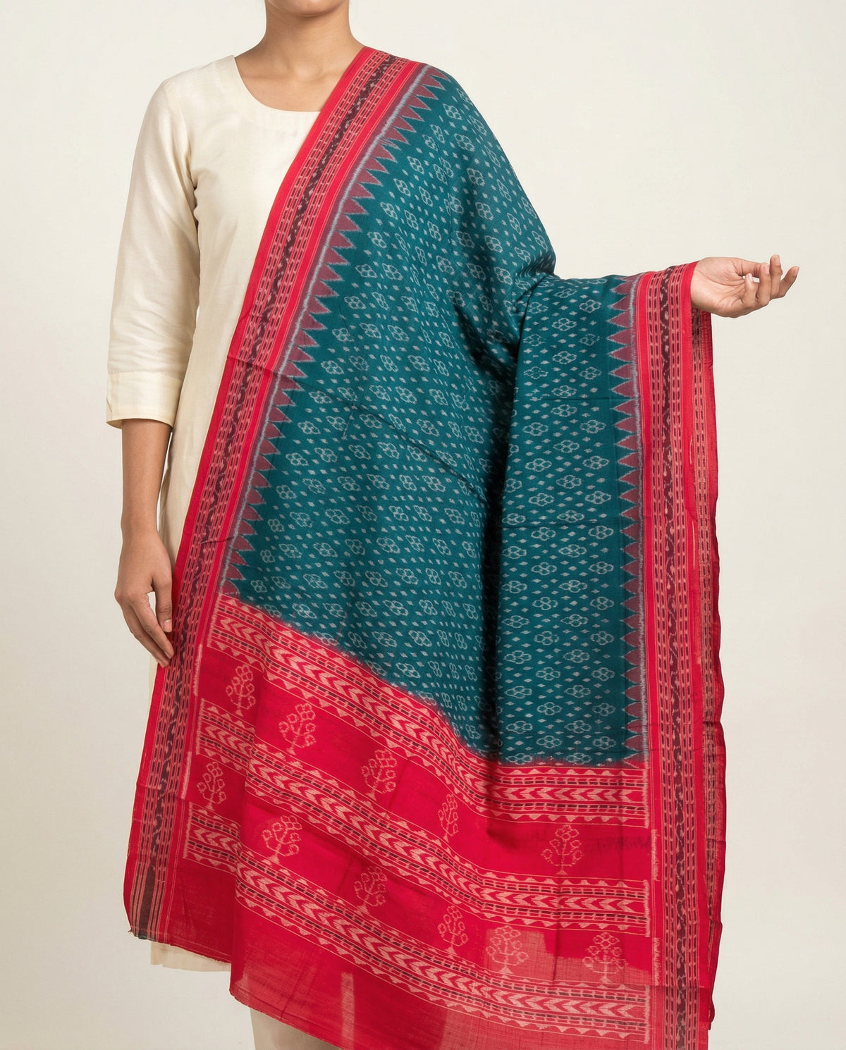 Teal Green & Ruby Red Floral Sambalpuri Single Ikat Cotton Dupatta