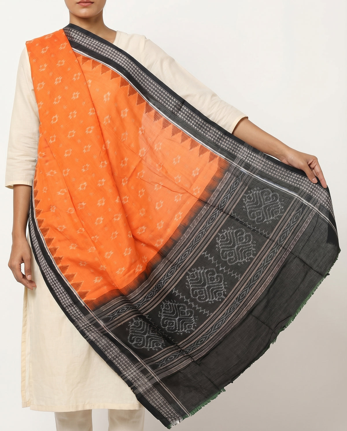 Saffron Orange & Jet Black Traditional Sambalpuri Single Ikat Cotton Dupatta