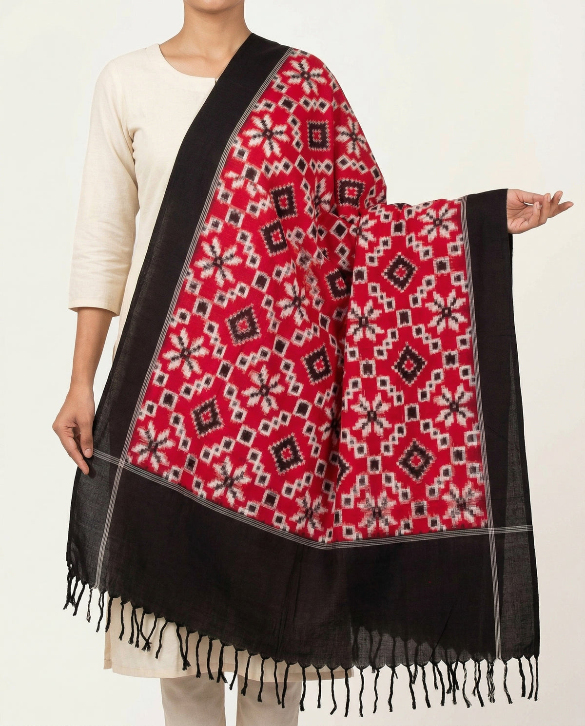 Crimson Red & Charcoal Black Geometric Telia Rumal Double Ikat Cotton Dupatta