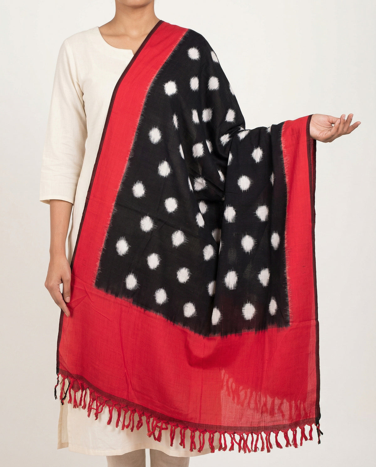 Jet Black & Crimson Red Polka Dot Pochampally Double Ikat Cotton Dupatta