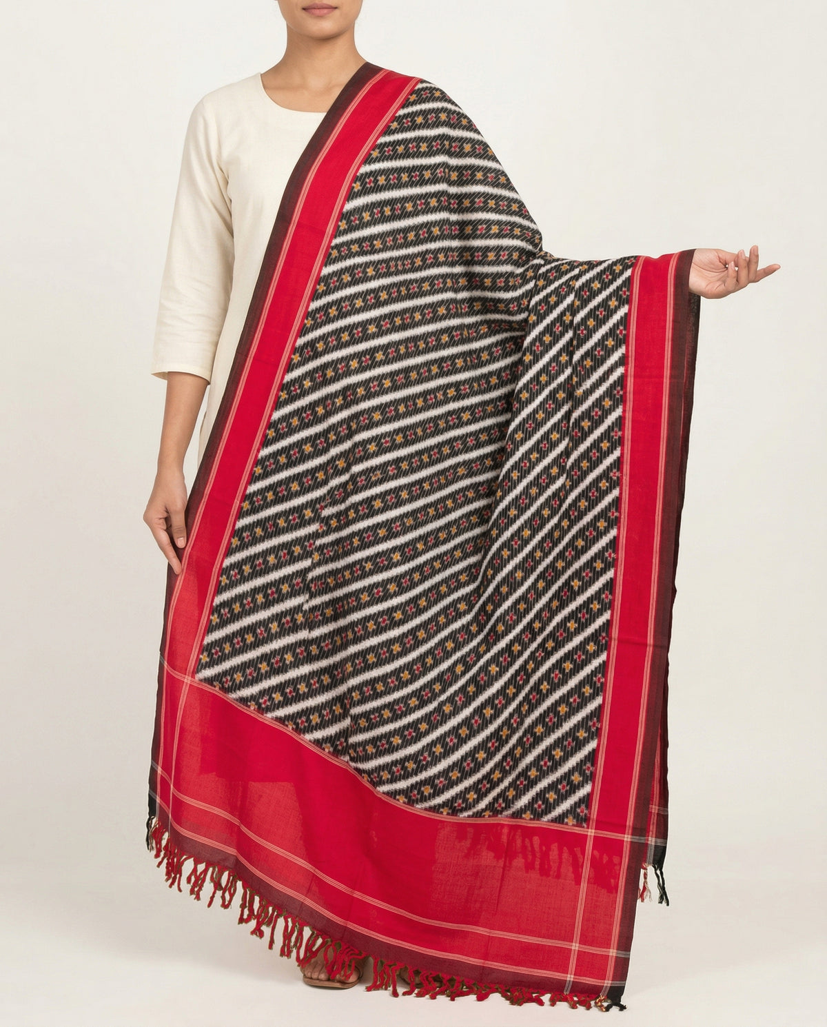 Jet Black & Crimson Red Diagonal Striped Sambalpuri Single Ikat Cotton Dupatta