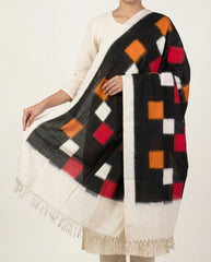 Jet Black & Madder Red Geometric Telia Rumal Double Ikat Cotton Dupatta