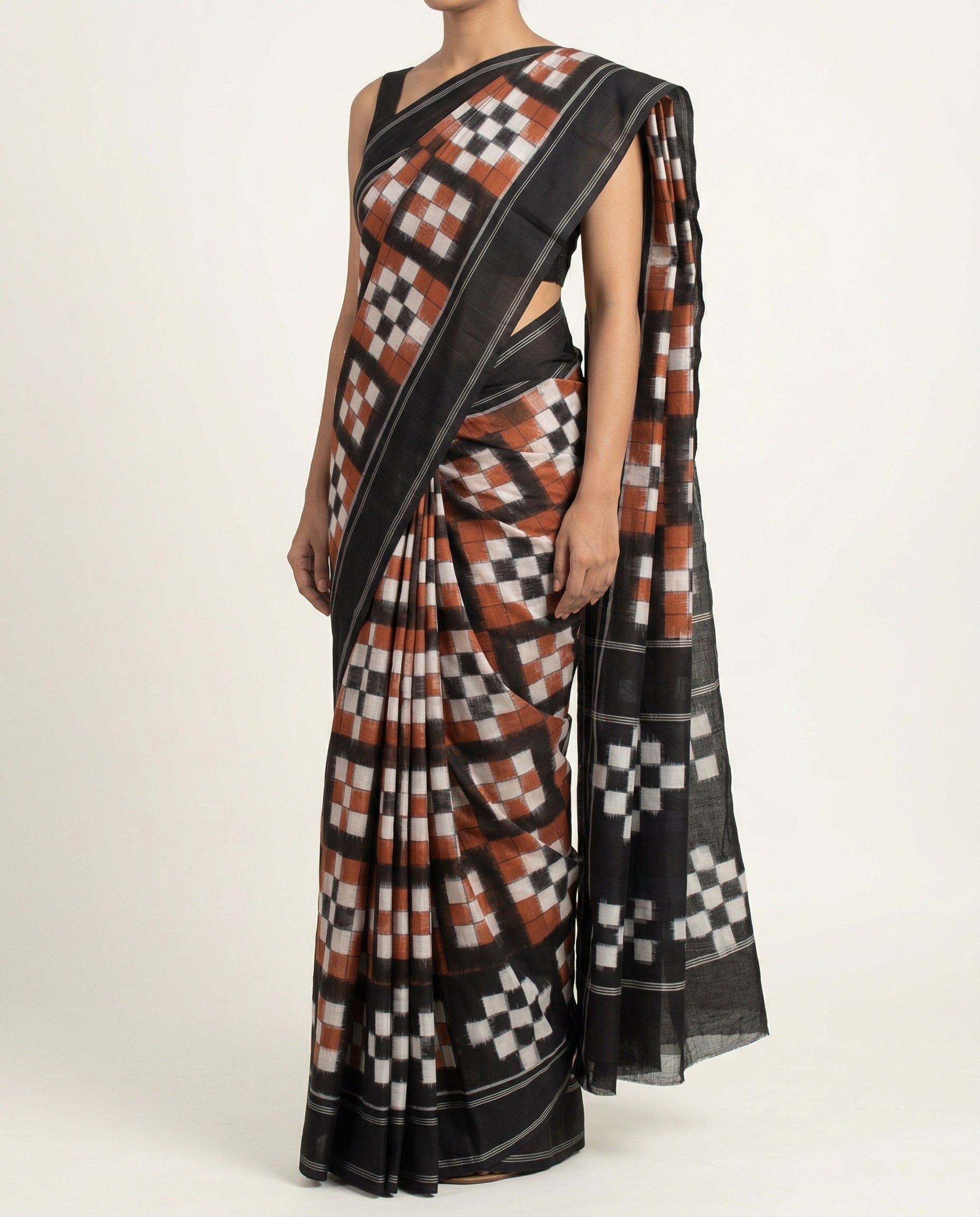 Ethnica Handwoven Ikat Checkered Cotton Saree - Black & Rust