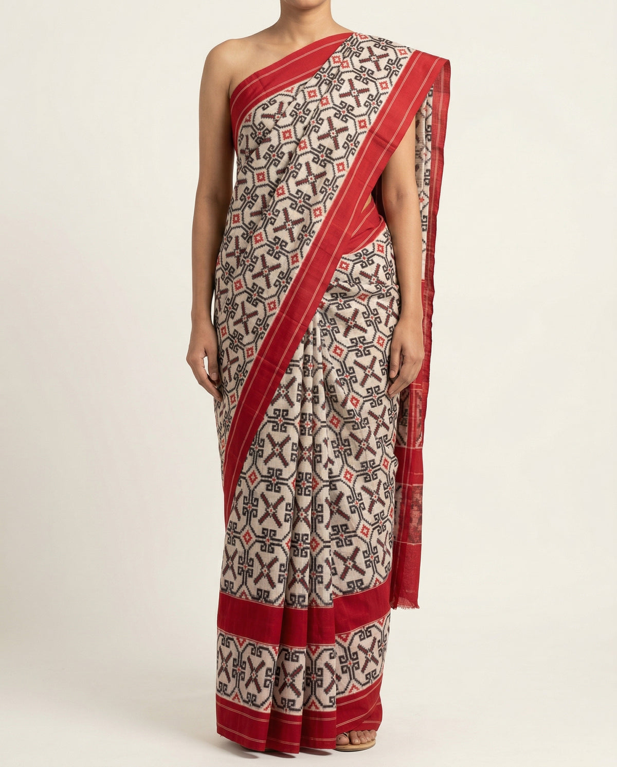 Off-White & Crimson Red Geometric Grid Telia Rumal Double Ikat Cotton Saree