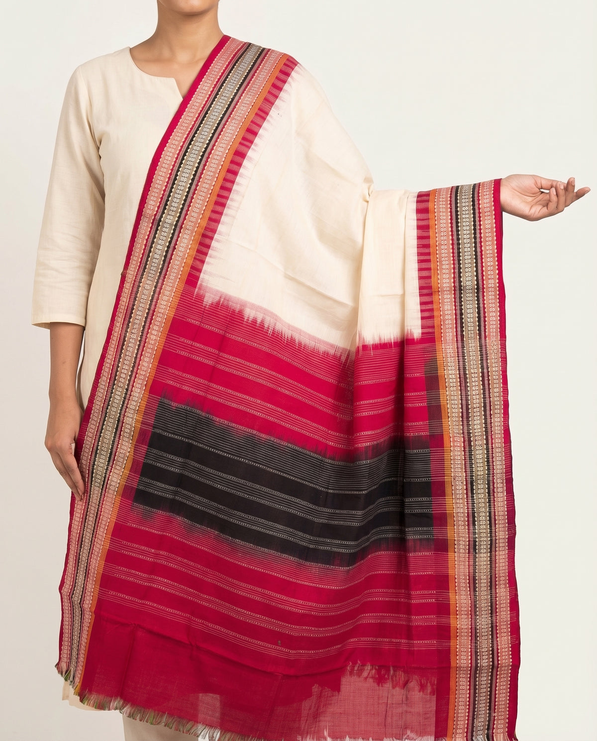 Off-White & Maroon Red Striped Kotpad Single Ikat Cotton Dupatta