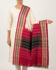Off-White & Maroon Red Striped Kotpad Single Ikat Cotton Dupatta