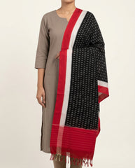Jet Black & Cherry Red Star Geometric Sambalpuri Single Ikat Cotton Dupatta