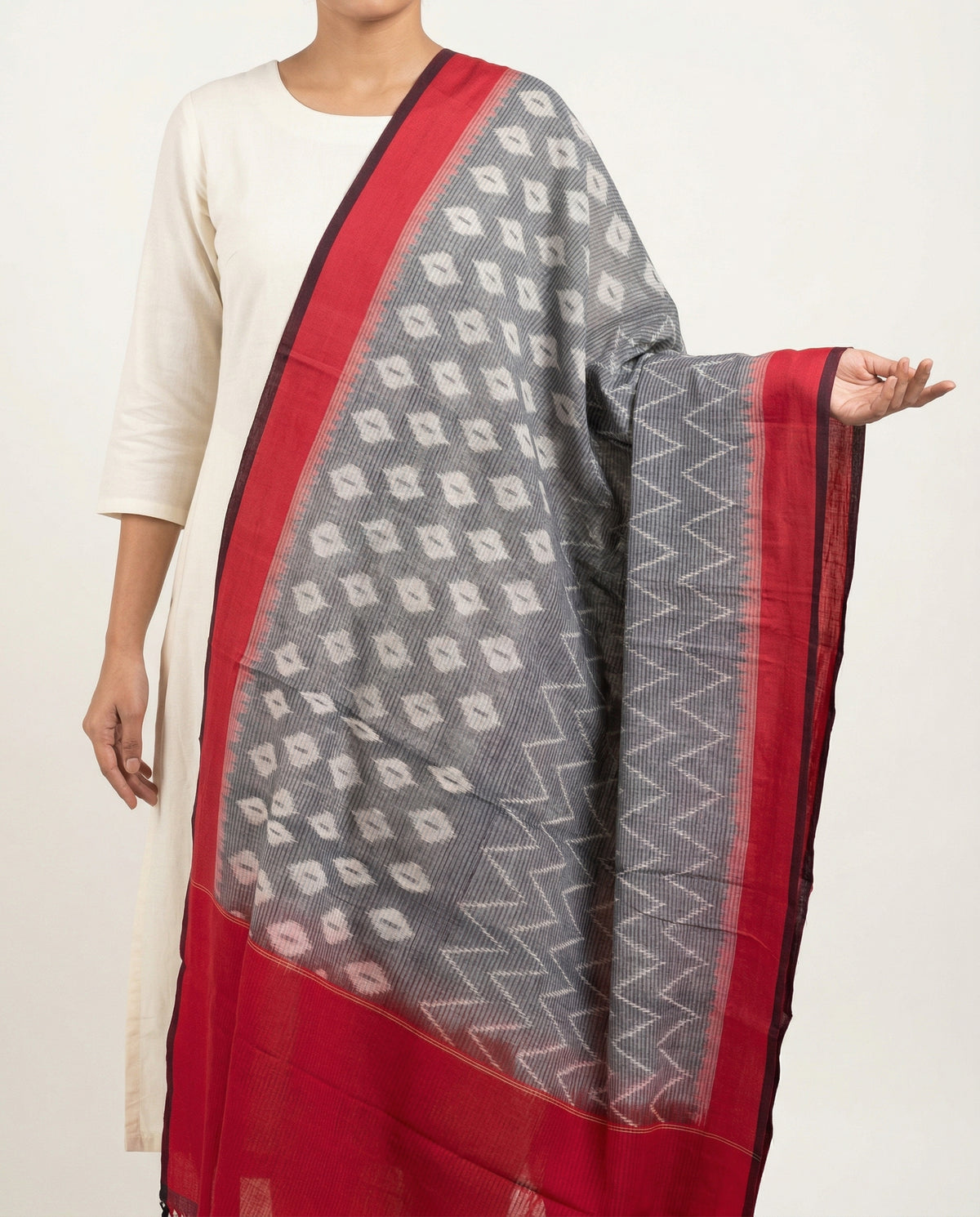 Ethnica Handloom Red & Grey Ikat Cotton Dupatta with Tassels