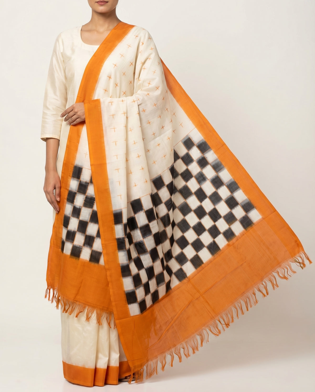 Ivory White & Mustard Yellow Geometric Telia Rumal Double Ikat Cotton Dupatta