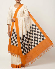 Ivory White & Mustard Yellow Geometric Telia Rumal Double Ikat Cotton Dupatta
