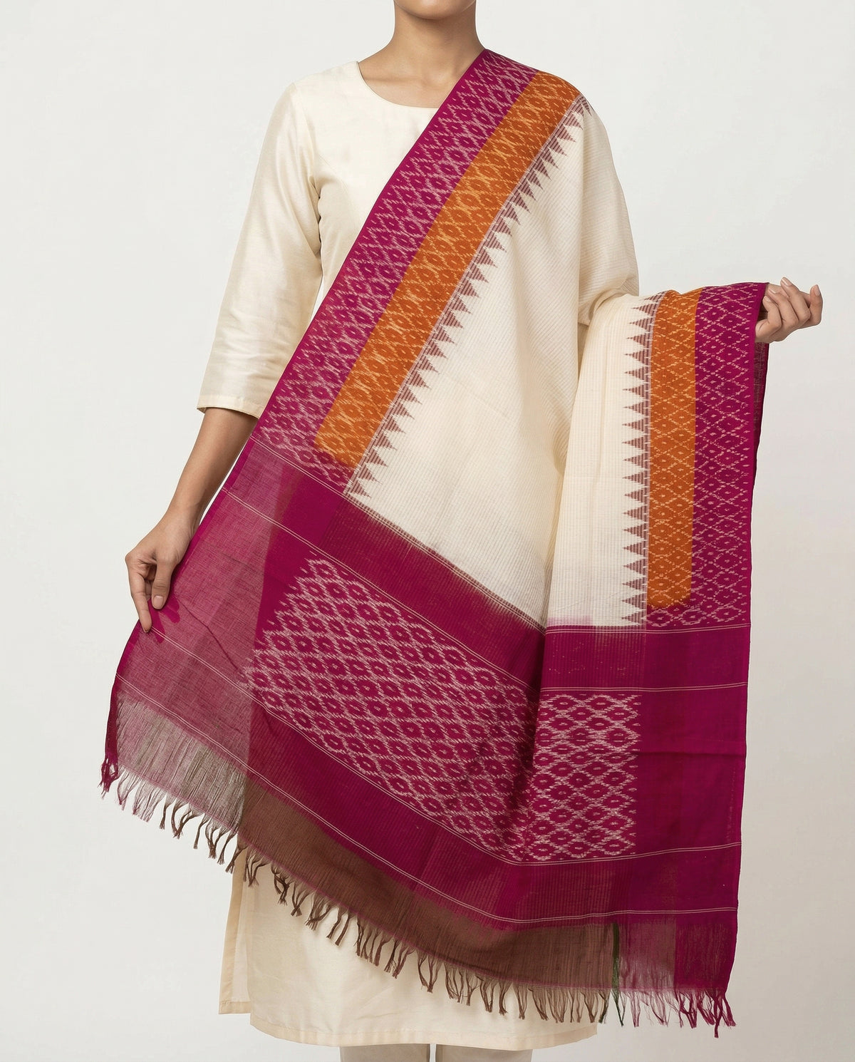 Ivory & Wine Red Temple Border Geometric Pochampally Single Ikat Cotton Dupatta