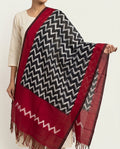 Crimson Red & Charcoal Black Zigzag Geometric Sambalpuri Single Ikat Cotton Dupatta