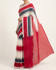Crimson Red & Off-White Geometric Striped Sambalpuri Single Ikat Cotton Saree