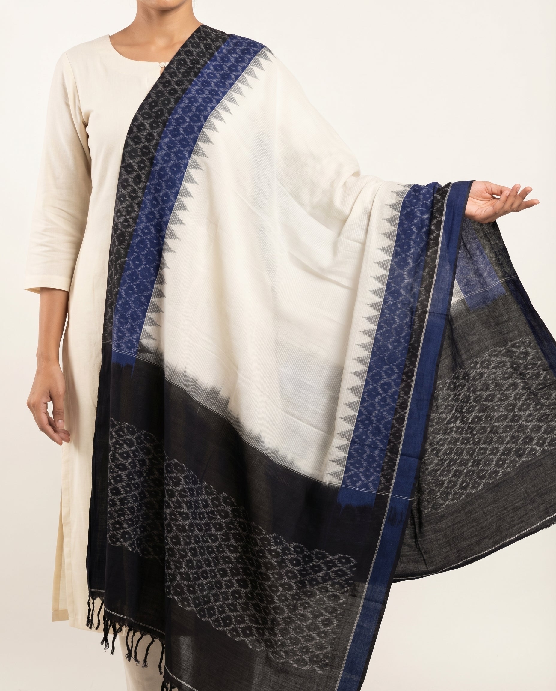 Off-White & Midnight Black Geometric Sambalpuri Single Ikat Cotton Dupatta