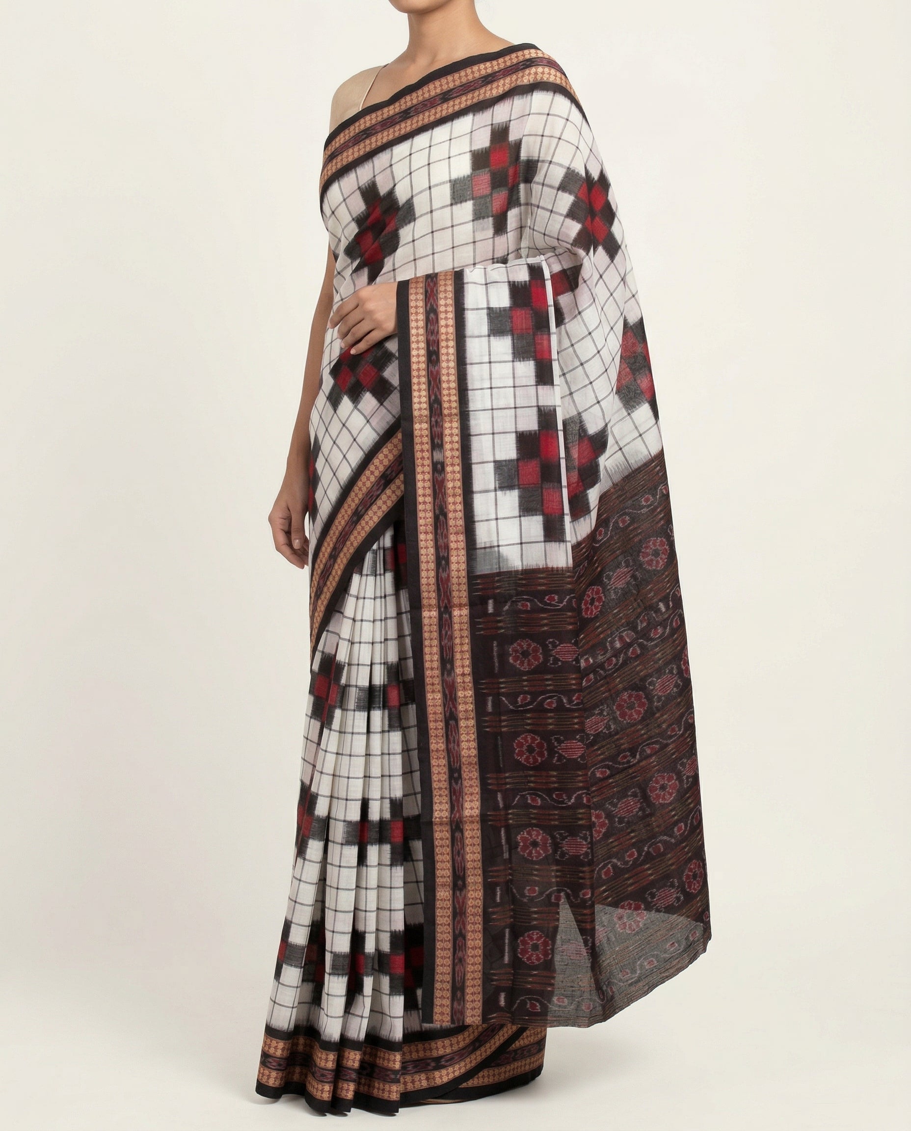 Pearl White & Crimson Red Geometric Sambalpuri Double Ikat Cotton Saree