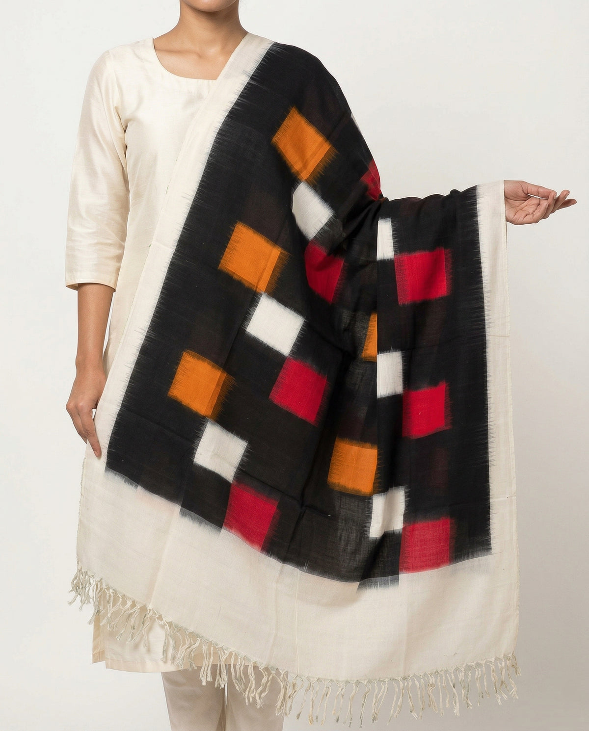 Jet Black & Madder Red Geometric Telia Rumal Double Ikat Cotton Dupatta