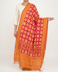 Crimson Red & Golden Orange Geometric Pochampally Double Ikat Cotton Dupatta