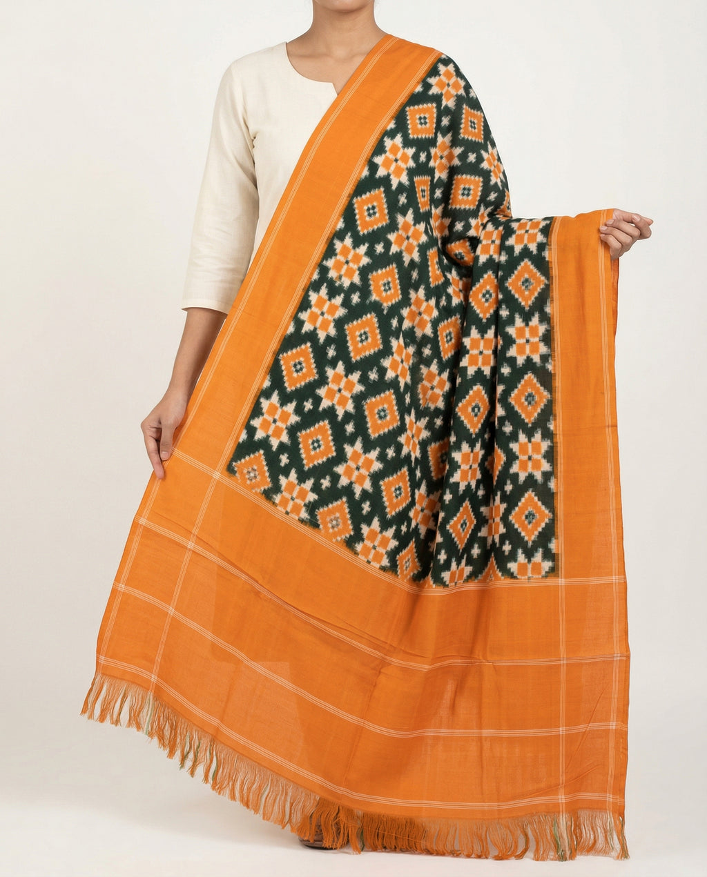 Mustard Yellow & Forest Green Geometric Sambalpuri Single Ikat Cotton Dupatta