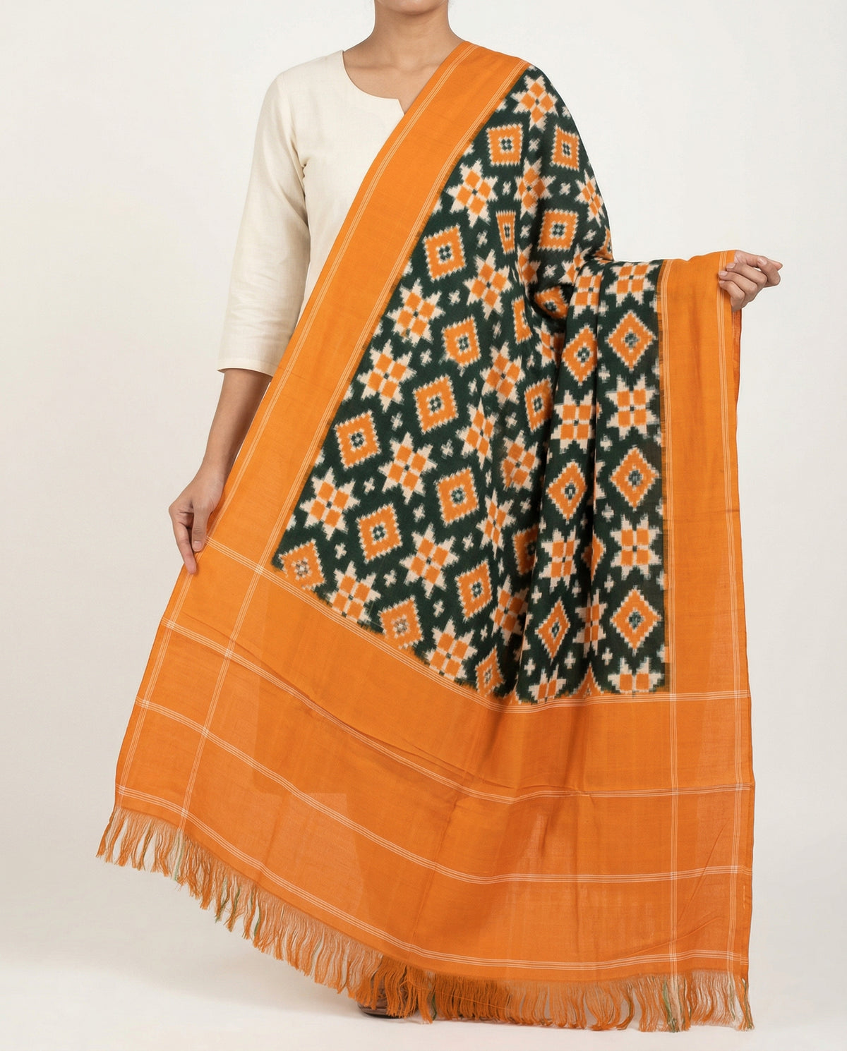 Mustard Yellow & Forest Green Geometric Sambalpuri Single Ikat Cotton Dupatta