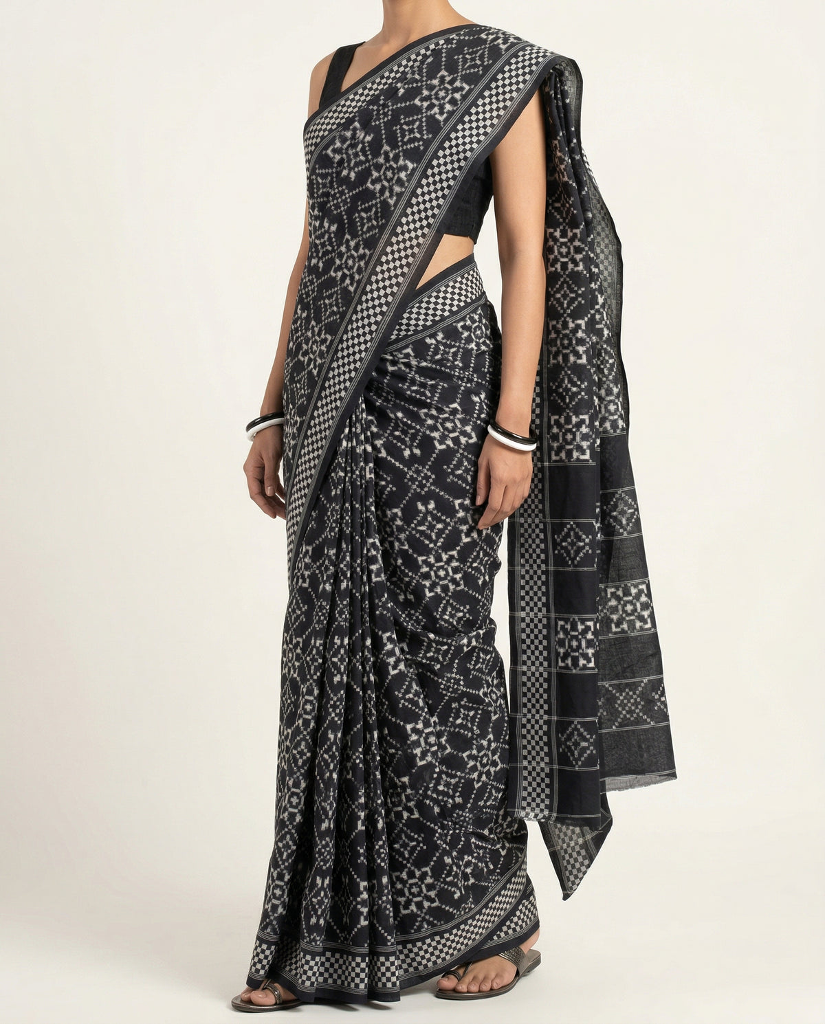 Ethnica Handloom Black & White Ikat Saree