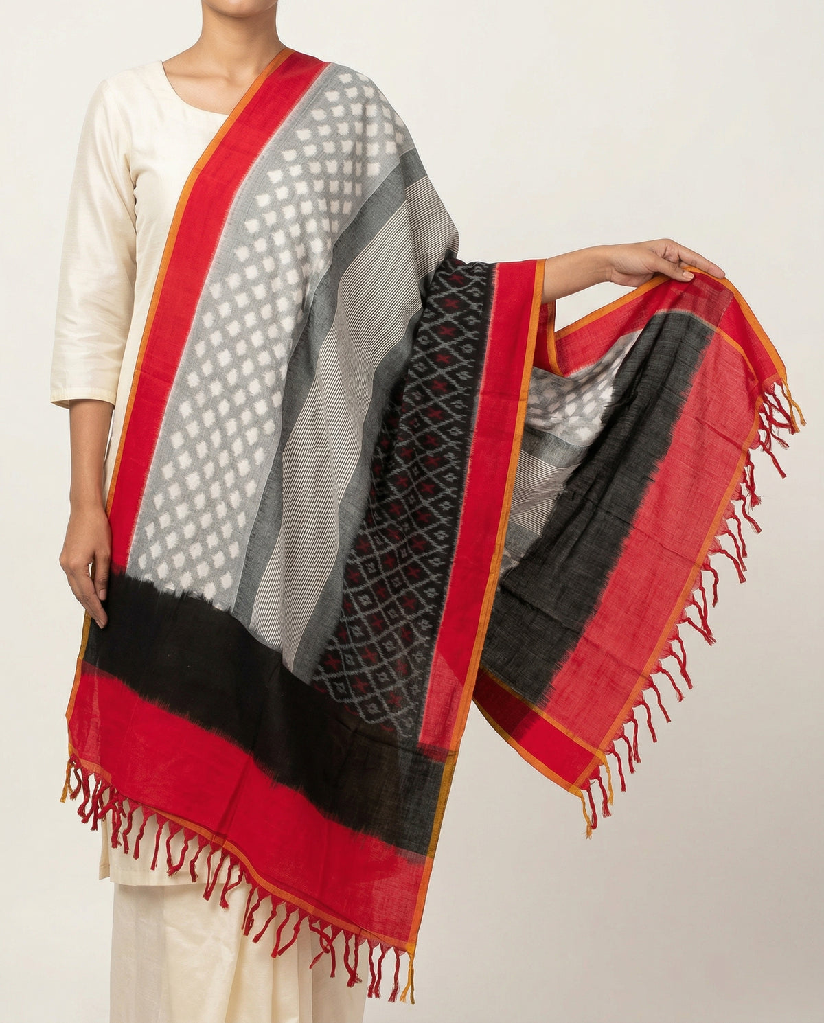 Crimson Red & Jet Black Geometric Sambalpuri Double Ikat Cotton Dupatta